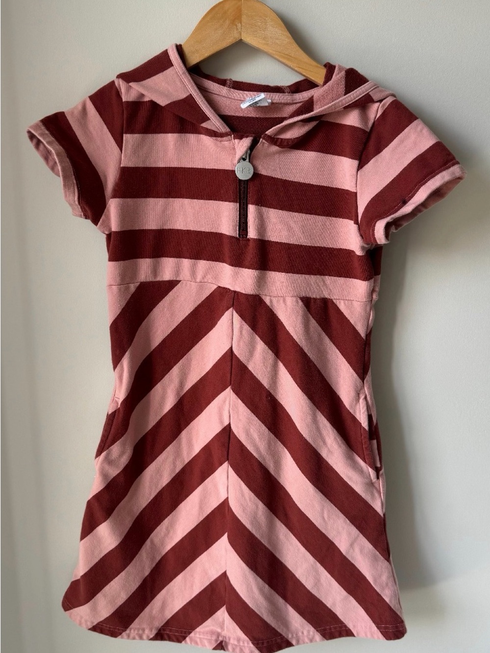 Peekaboo Beans Girls' Hooded Pink & Burgundy Striped Casual Dress Size 8